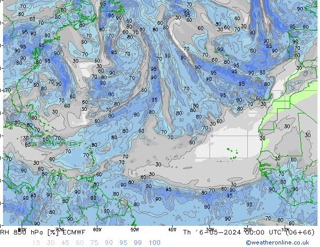 Humidité rel. 850 hPa ECMWF jeu 16.05.2024 00 UTC