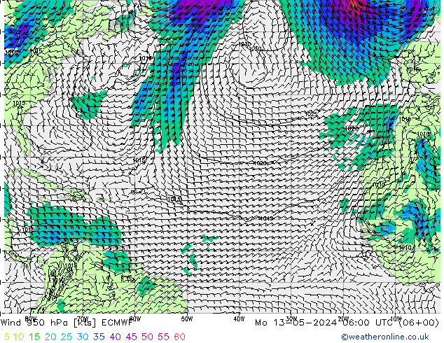 Vento 950 hPa ECMWF lun 13.05.2024 06 UTC