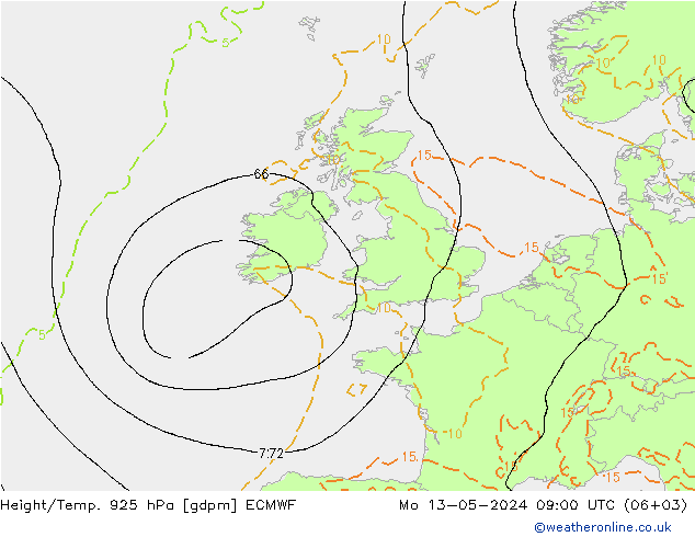 Height/Temp. 925 гПа ECMWF пн 13.05.2024 09 UTC