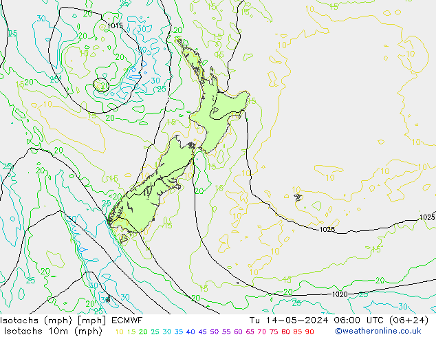 Isotachs (mph) ECMWF вт 14.05.2024 06 UTC