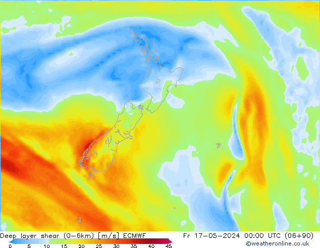 Deep layer shear (0-6km) ECMWF ven 17.05.2024 00 UTC