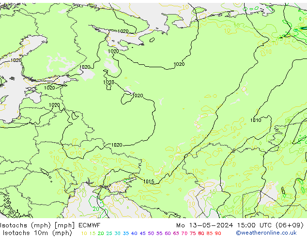 Isotachs (mph) ECMWF Po 13.05.2024 15 UTC
