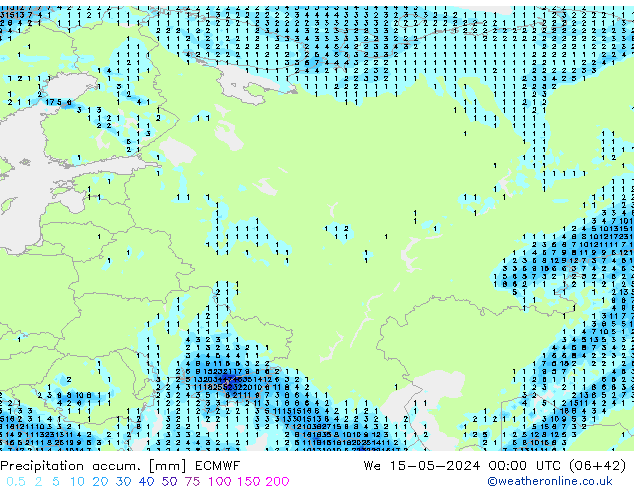Precipitation accum. ECMWF śro. 15.05.2024 00 UTC