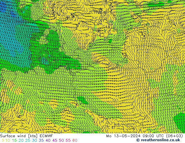 Surface wind ECMWF Mo 13.05.2024 09 UTC