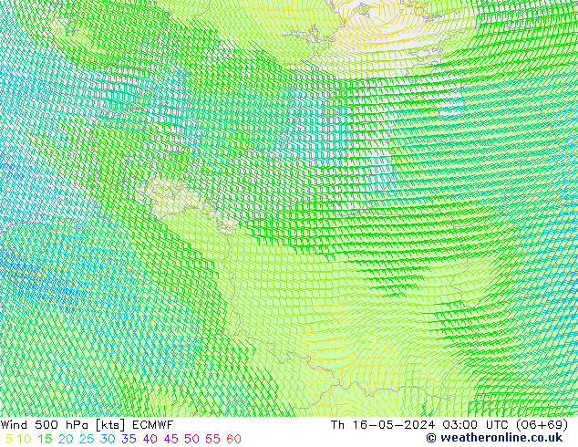 Wind 500 hPa ECMWF Čt 16.05.2024 03 UTC