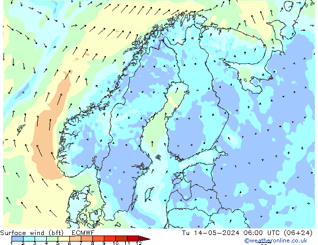 Wind 10 m (bft) ECMWF di 14.05.2024 06 UTC