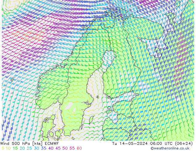 Wind 500 hPa ECMWF Di 14.05.2024 06 UTC