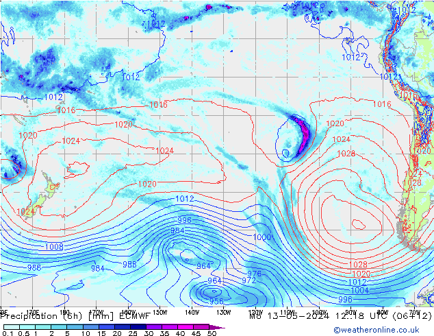Z500/Rain (+SLP)/Z850 ECMWF pon. 13.05.2024 18 UTC