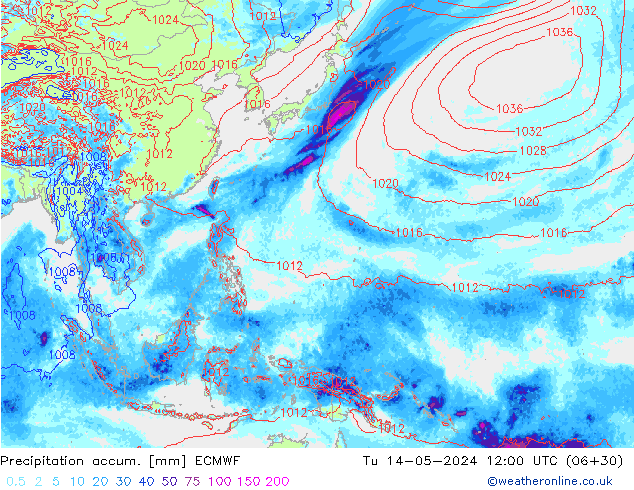 Precipitation accum. ECMWF Út 14.05.2024 12 UTC