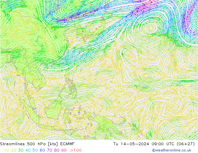 Linha de corrente 500 hPa ECMWF Ter 14.05.2024 09 UTC