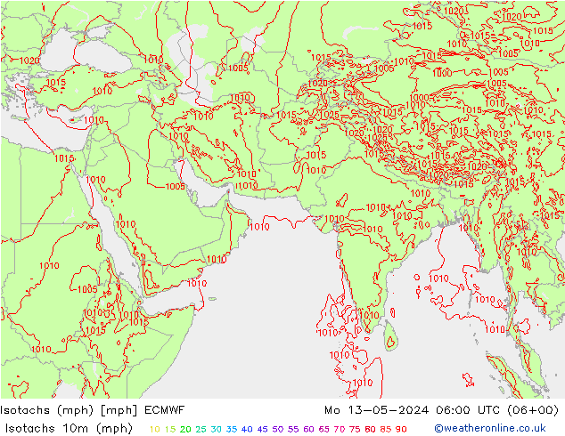 Isotachs (mph) ECMWF 星期一 13.05.2024 06 UTC