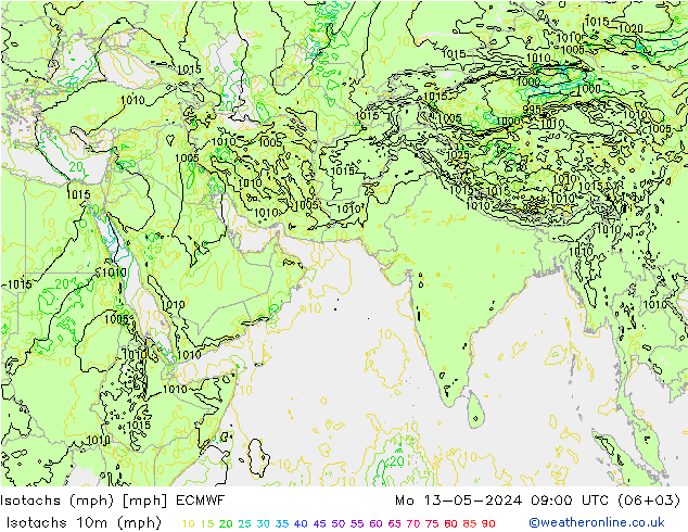 Isotachs (mph) ECMWF 星期一 13.05.2024 09 UTC