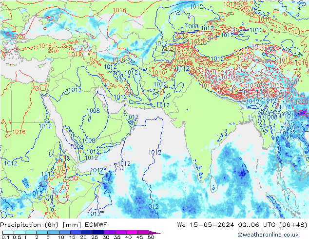 Totale neerslag (6h) ECMWF wo 15.05.2024 06 UTC