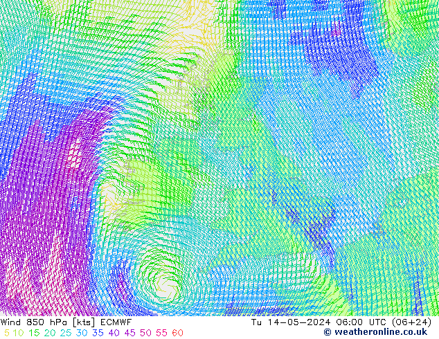 Rüzgar 850 hPa ECMWF Sa 14.05.2024 06 UTC