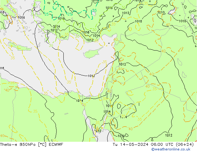 Theta-e 850hPa ECMWF Tu 14.05.2024 06 UTC