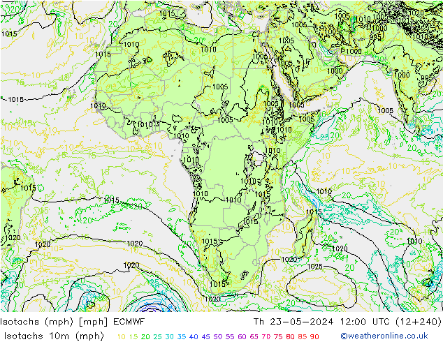 Isotachs (mph) ECMWF Th 23.05.2024 12 UTC