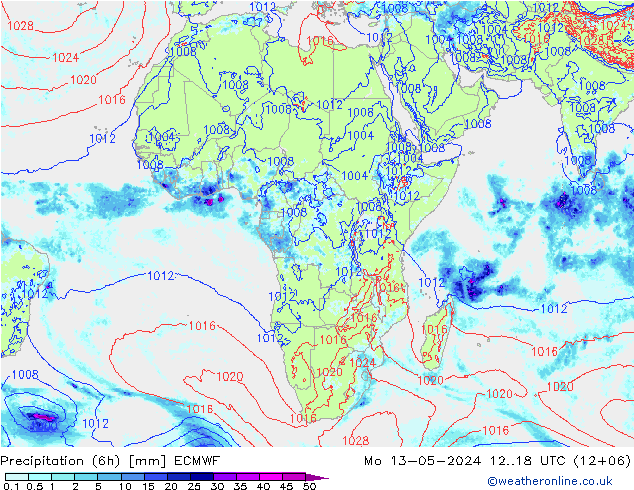 Neerslag 6h/Wind 10m/950 ECMWF ma 13.05.2024 18 UTC
