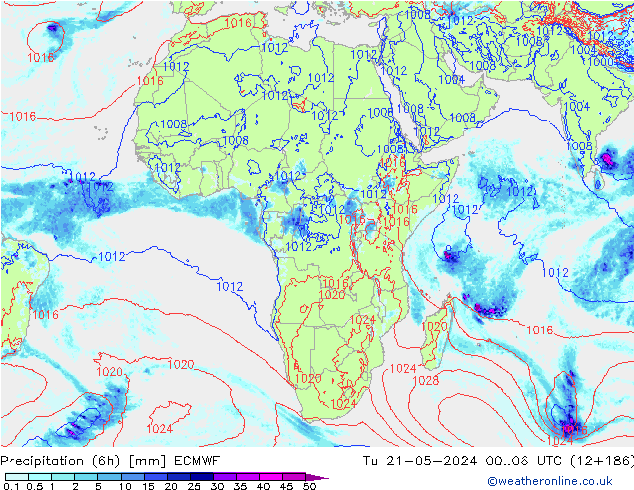 Precipitation (6h) ECMWF Út 21.05.2024 06 UTC