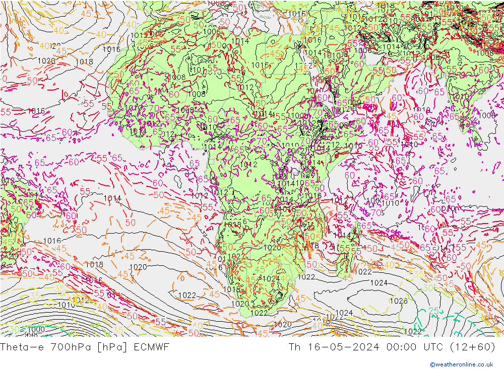 Theta-e 700hPa ECMWF gio 16.05.2024 00 UTC