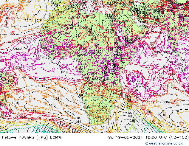 Theta-e 700hPa ECMWF dom 19.05.2024 18 UTC