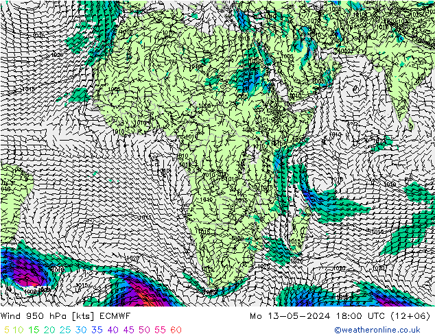 Neerslag 6h/Wind 10m/950 ECMWF ma 13.05.2024 18 UTC