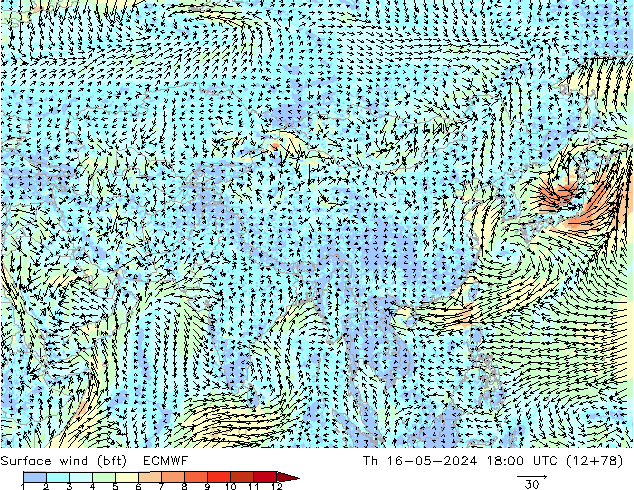 Rüzgar 10 m (bft) ECMWF Per 16.05.2024 18 UTC