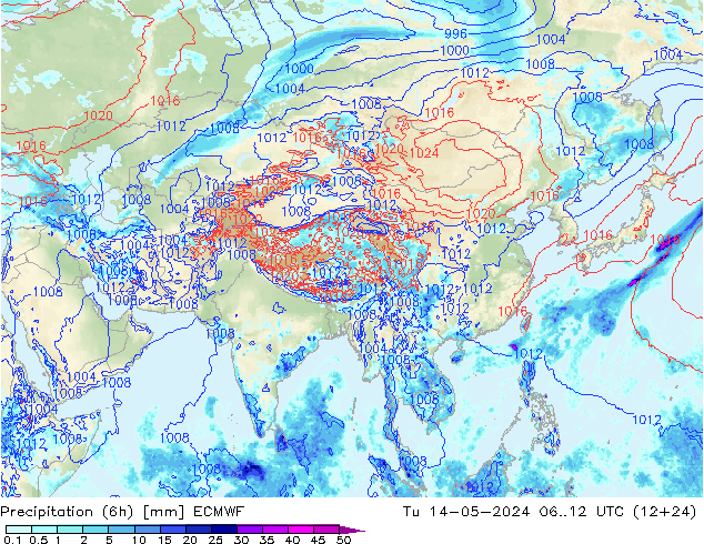 Precipitation (6h) ECMWF Tu 14.05.2024 12 UTC