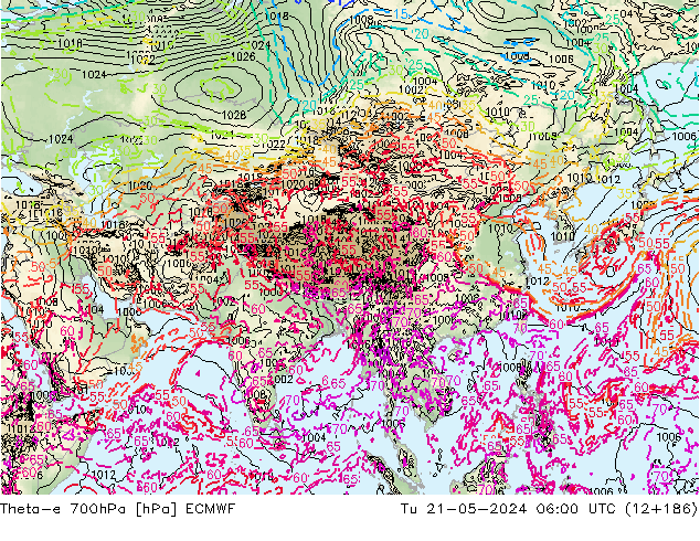 Theta-e 700hPa ECMWF Sa 21.05.2024 06 UTC
