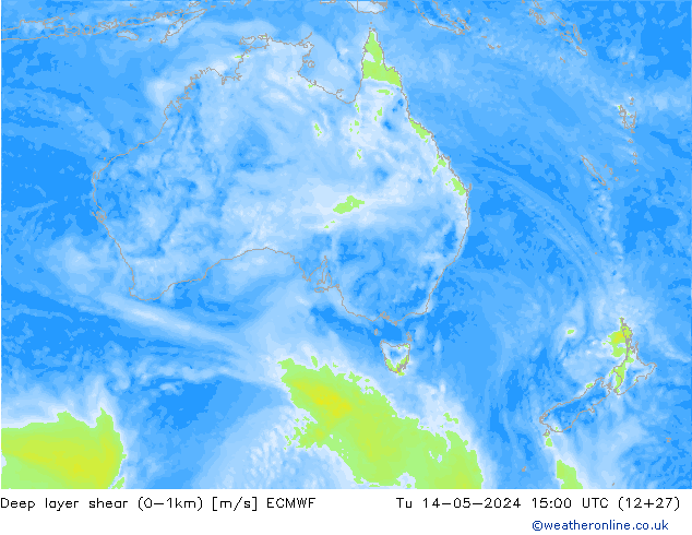 Deep layer shear (0-1km) ECMWF mar 14.05.2024 15 UTC