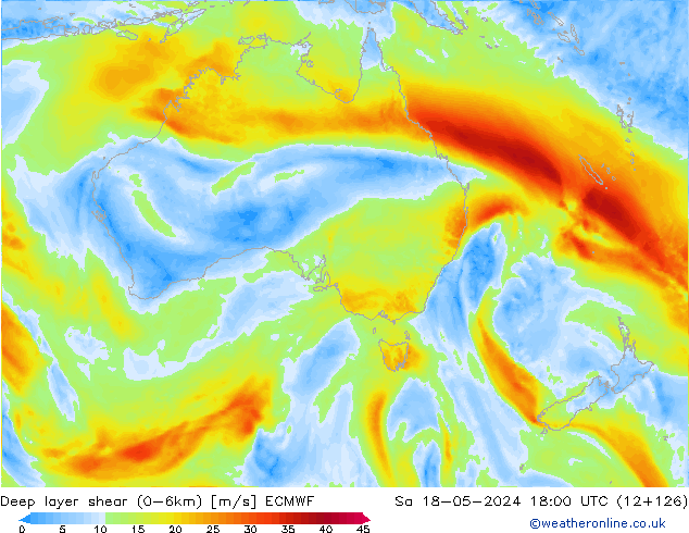 Deep layer shear (0-6km) ECMWF Sa 18.05.2024 18 UTC