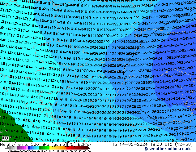 Hoogte/Temp. 500 hPa ECMWF di 14.05.2024 18 UTC