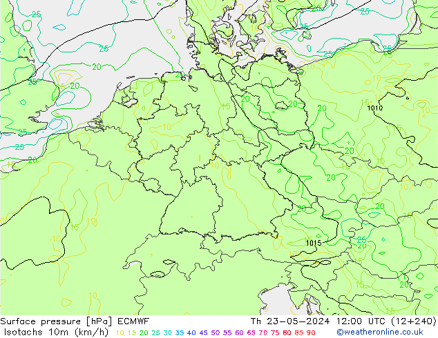 Isotachs (kph) ECMWF Čt 23.05.2024 12 UTC