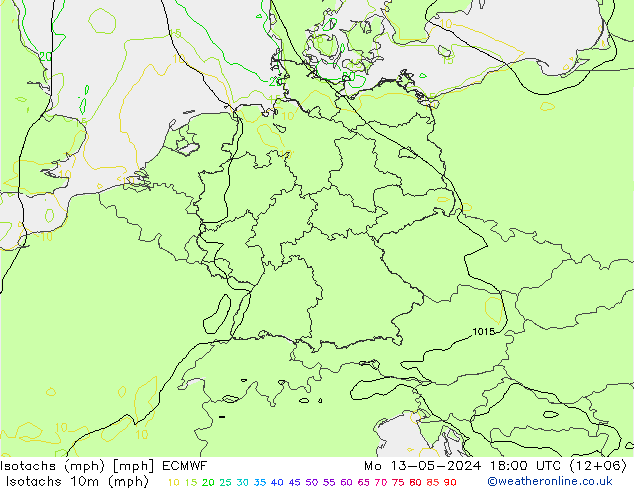Isotachs (mph) ECMWF 星期一 13.05.2024 18 UTC