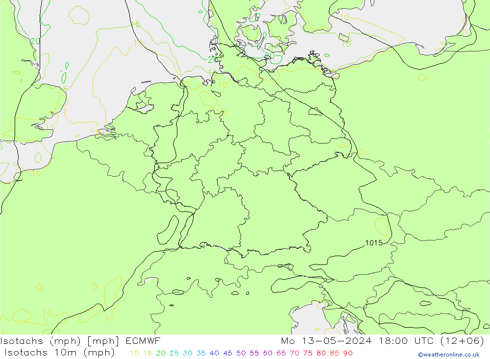 Isotachs (mph) ECMWF 星期一 13.05.2024 18 UTC