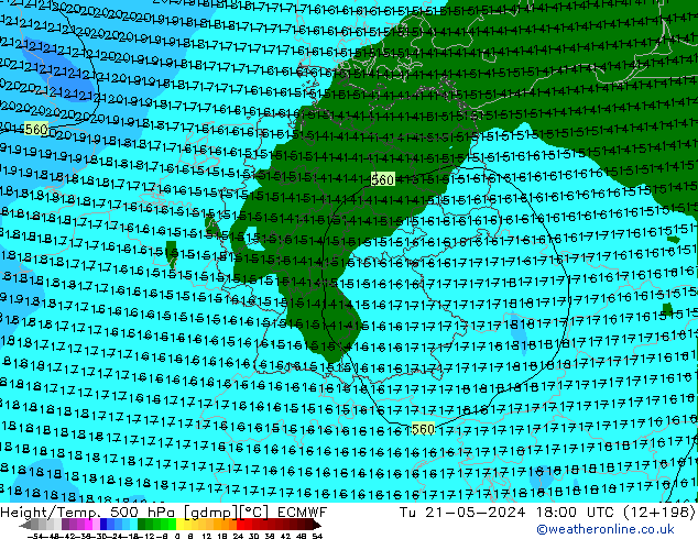 Z500/Rain (+SLP)/Z850 ECMWF Tu 21.05.2024 18 UTC