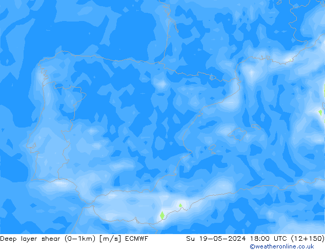Deep layer shear (0-1km) ECMWF Su 19.05.2024 18 UTC