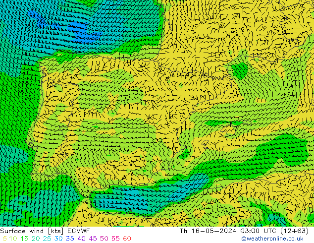 Surface wind ECMWF Čt 16.05.2024 03 UTC