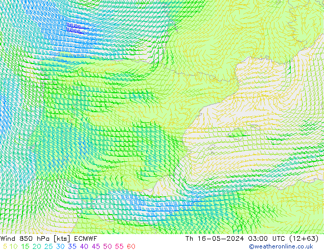 Wind 850 hPa ECMWF Čt 16.05.2024 03 UTC