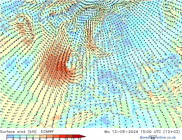 wiatr 10 m (bft) ECMWF pon. 13.05.2024 15 UTC