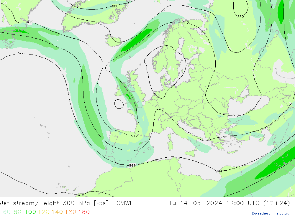 Jet stream/Height 300 hPa ECMWF Út 14.05.2024 12 UTC