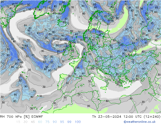Humidité rel. 700 hPa ECMWF jeu 23.05.2024 12 UTC