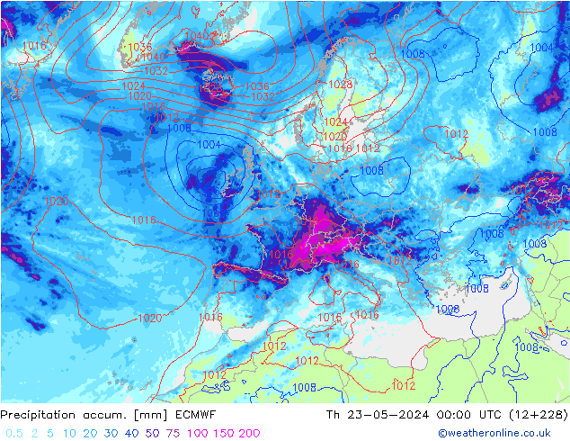 Precipitation accum. ECMWF Čt 23.05.2024 00 UTC