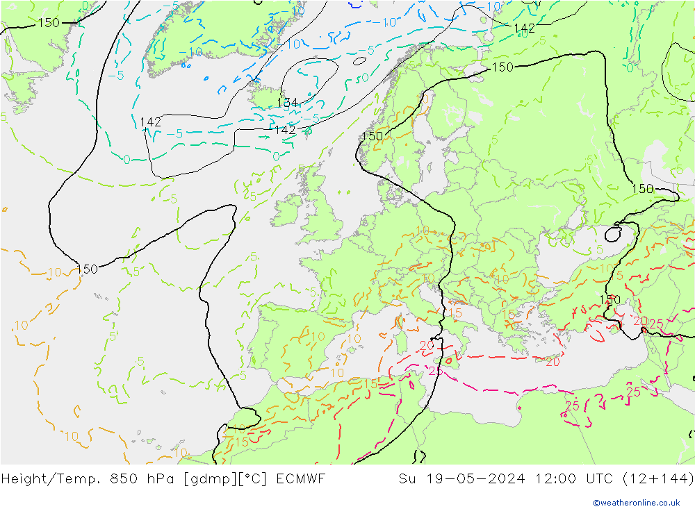 Height/Temp. 850 hPa ECMWF So 19.05.2024 12 UTC
