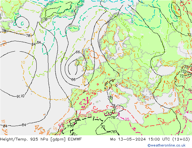 Hoogte/Temp. 925 hPa ECMWF ma 13.05.2024 15 UTC
