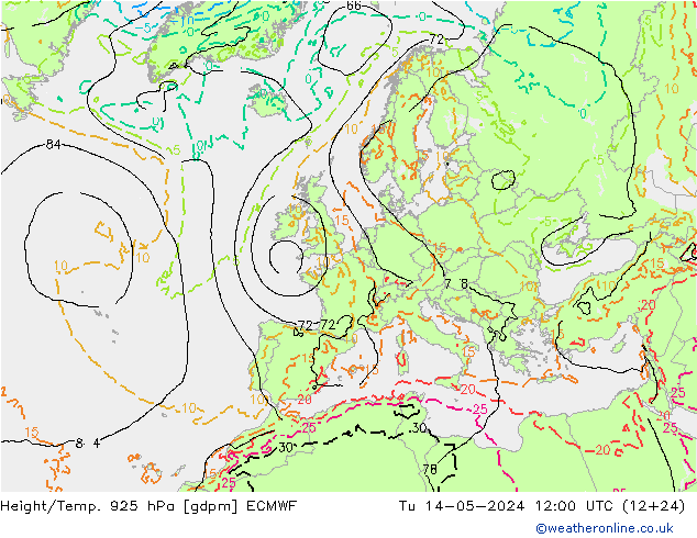 Height/Temp. 925 hPa ECMWF Tu 14.05.2024 12 UTC
