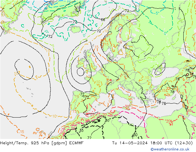 Height/Temp. 925 hPa ECMWF Di 14.05.2024 18 UTC