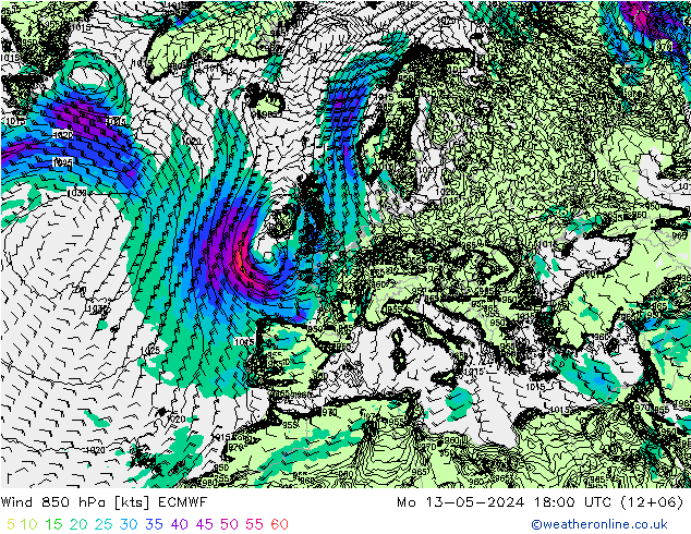 Wind 850 hPa ECMWF Mo 13.05.2024 18 UTC