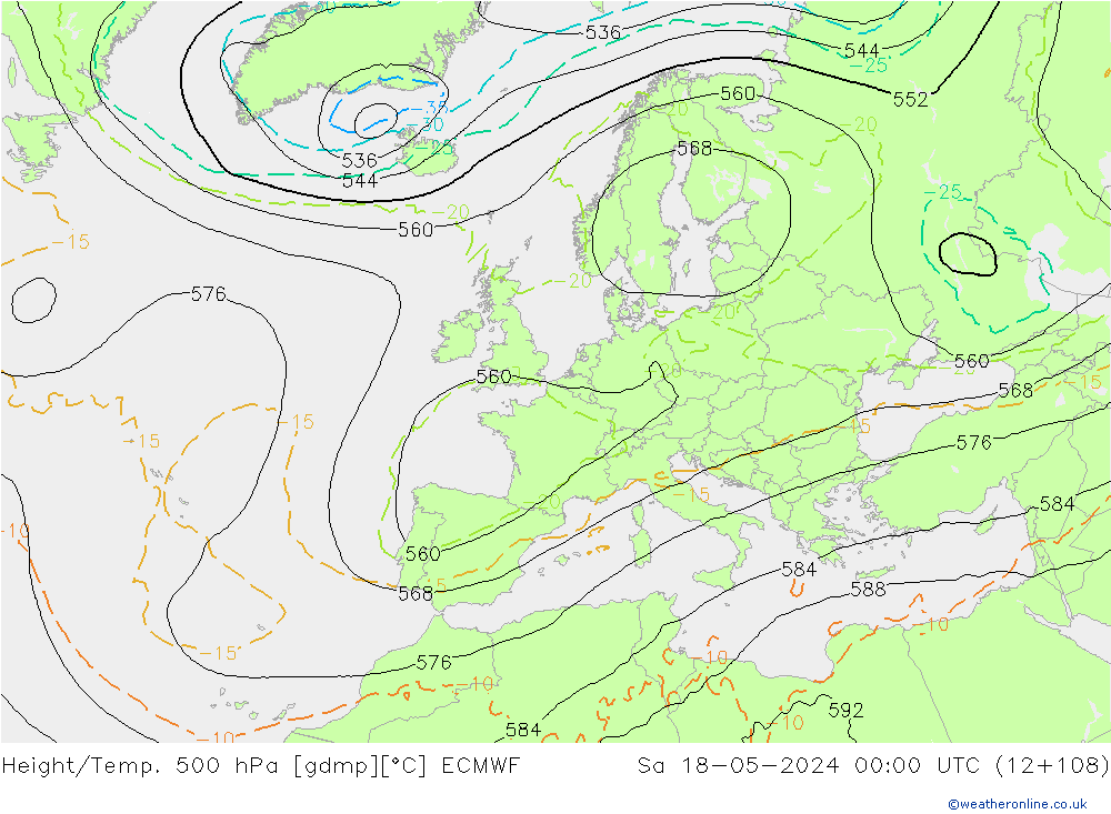 Height/Temp. 500 hPa ECMWF Sa 18.05.2024 00 UTC