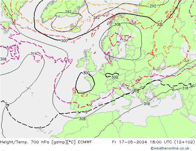 Height/Temp. 700 hPa ECMWF Sex 17.05.2024 18 UTC