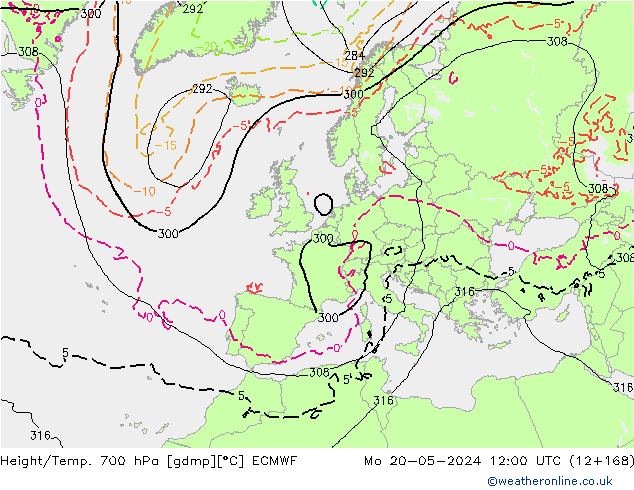 Height/Temp. 700 hPa ECMWF Mo 20.05.2024 12 UTC